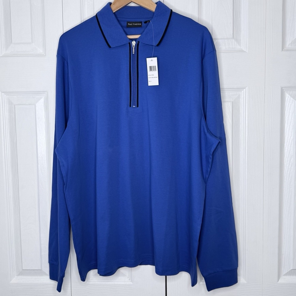 NWT‎ Paul Frederick Men's XL Mercerized Cotton Long Sleeve 1/4 Zip Polo Blue